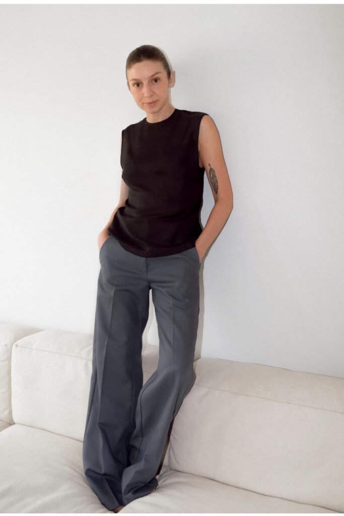 Black Sleeveless Shell Top + Charcoal Wide-Leg Trousers