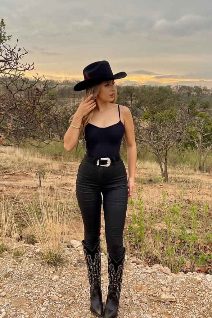 Black Spaghetti Strap Bodysuit + Black Skinny Jeans + Tall Black Western Boots