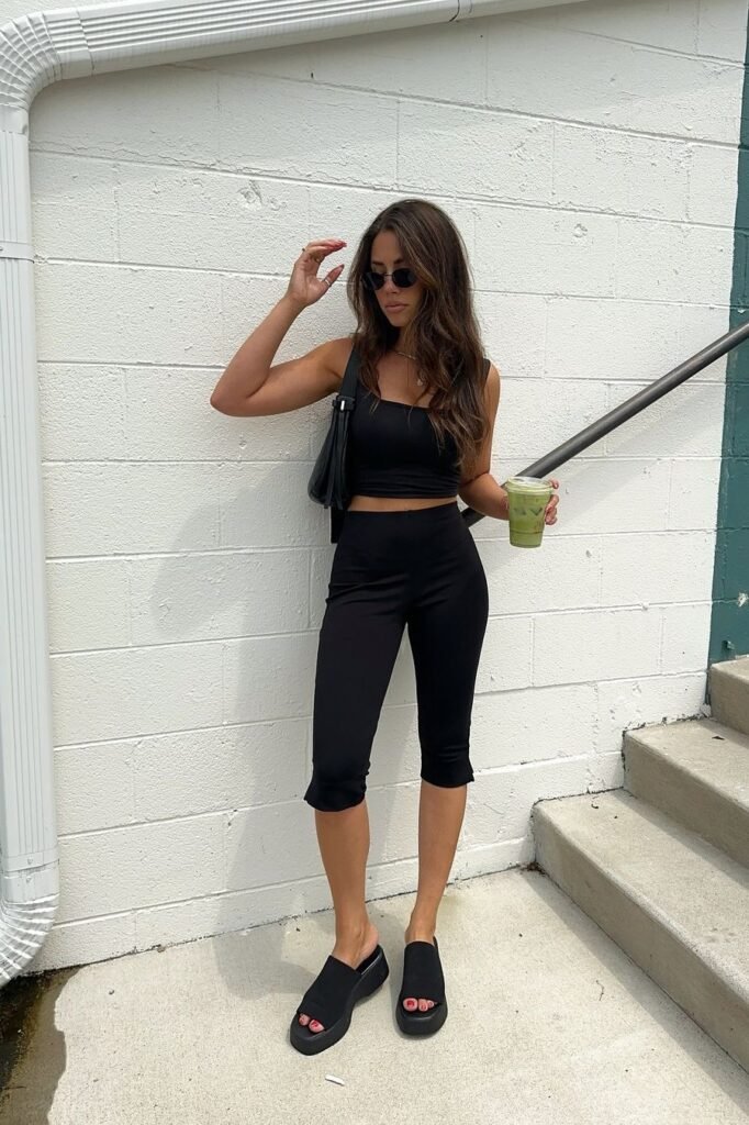 Black Square-Neck Crop Top + Black Capri Leggings + Black Platform Slides