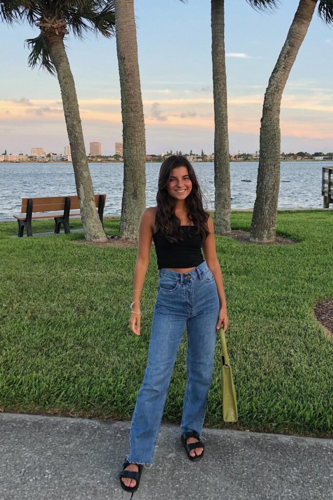 Black Square-Neck Crop Top + Straight-Leg Medium Wash Jeans + Black Double-Strap Sandals