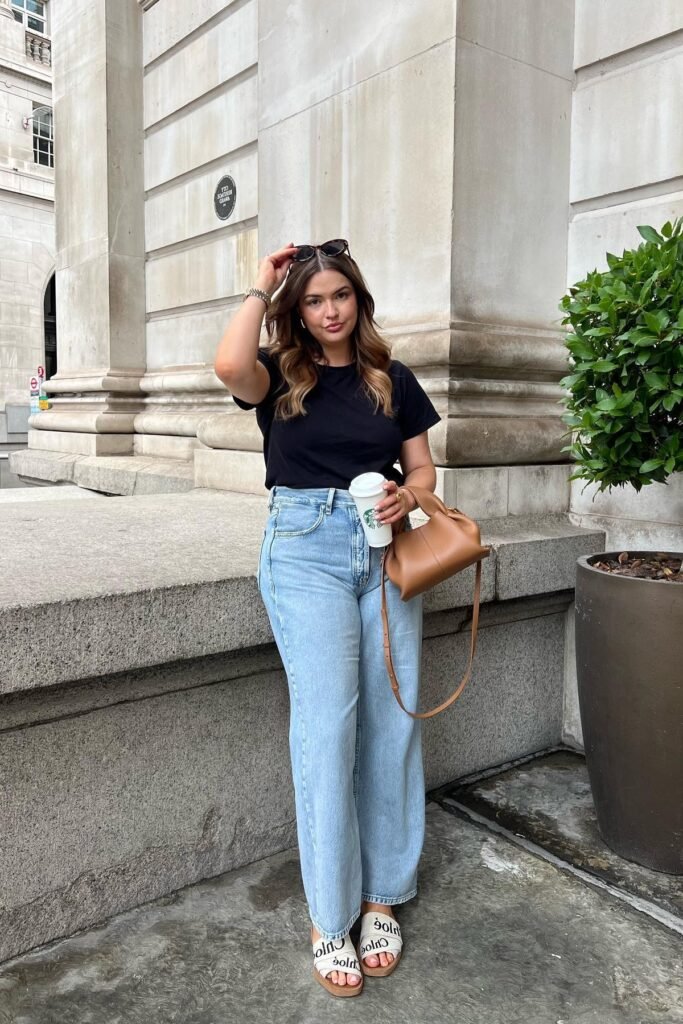 Black T-Shirt + High-Waisted Wide-Leg Jeans + White Logo Slide Sandals