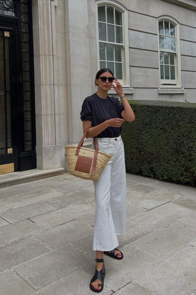 Black T-Shirt + White Wide-Leg Jeans + Black Ankle-Strap Sandals