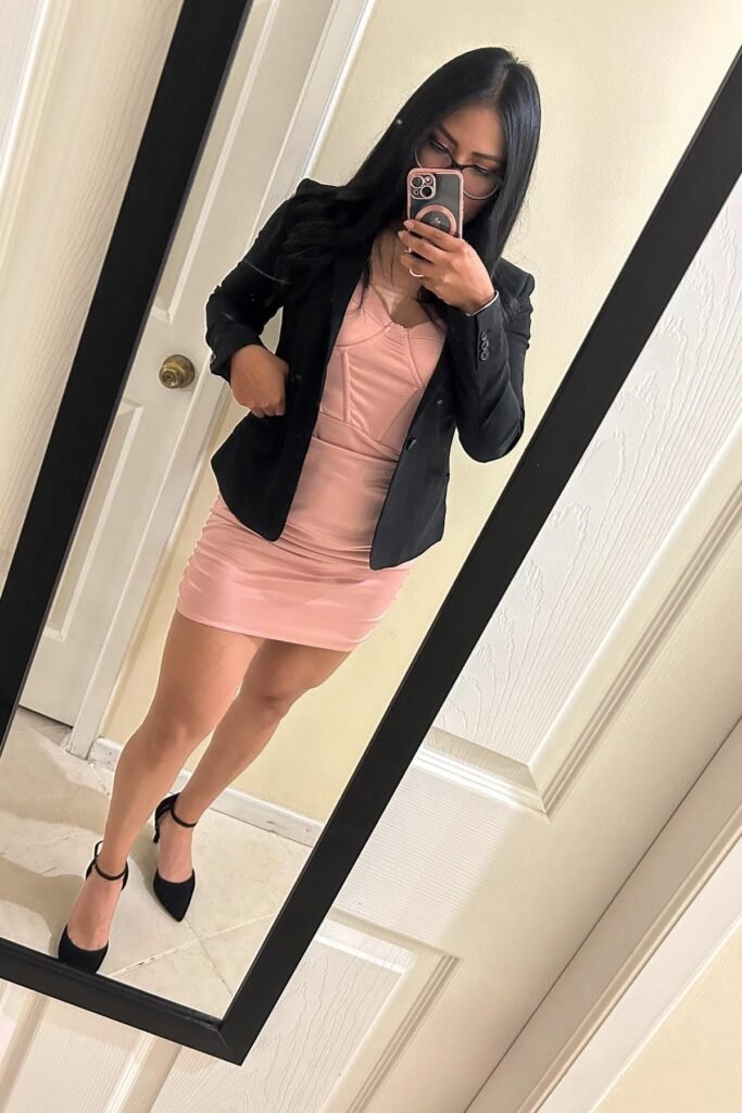 Black Tailored Blazer + Pink Bodycon Mini Dress + Black Ankle-Strap Pumps