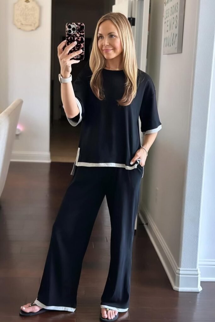 Black & White Trim Loungewear Set + Silver Watch + Black Flip Flops