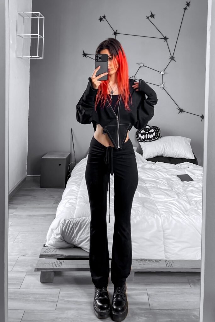 Black Zip-up Corset Hoodie + Black Low-rise Flared Trousers + Platform Derby Shoes