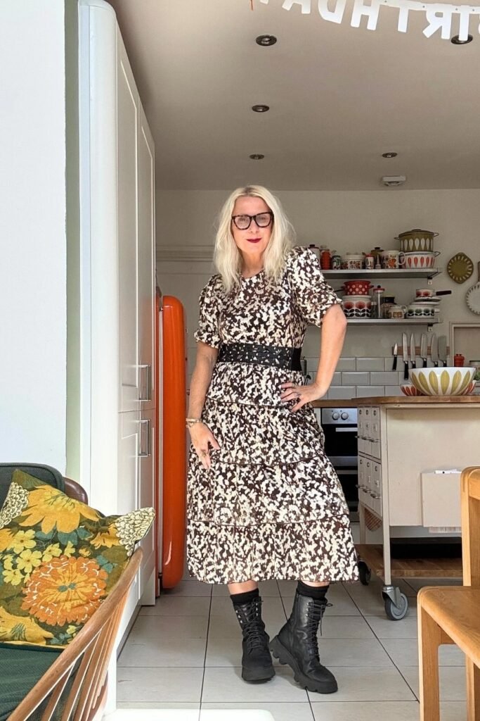 Black and White Patterned Tiered Dress + Black Waist Belt + Black Combat Boots