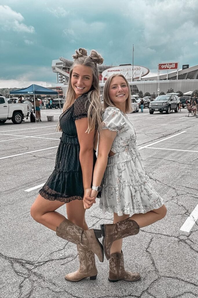 Black and White Ruffled Mini Dresses + Brown Patterned Cowboy Boots
