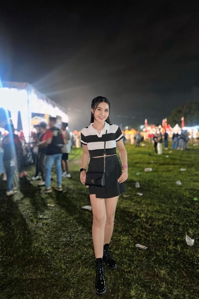 Black and White Striped Crop Polo + Black Mini Skirt + Black Lace-up Boots