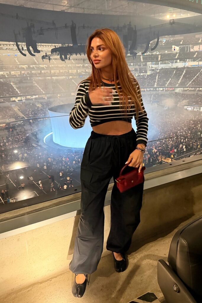 Black and White Striped Cropped Long Sleeve + Black Cargo Joggers + Black Tabi Flats