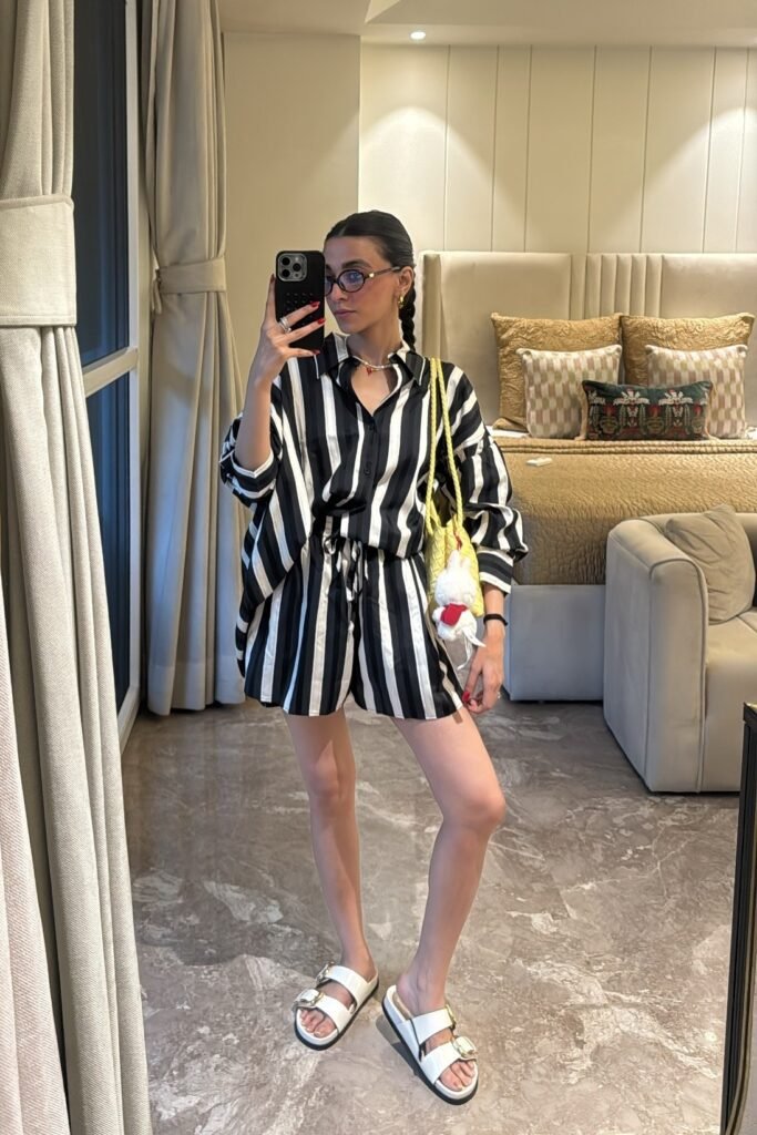 Black and White Striped Oversized Shirt + Matching Striped Shorts + White Buckled Sandals