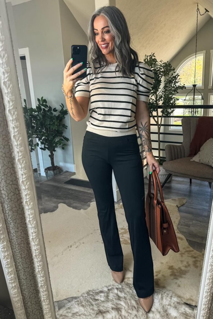 Black and White Striped Puff-Sleeve Sweater + Black Flared Trousers + Nude Pointed-Toe Pumps