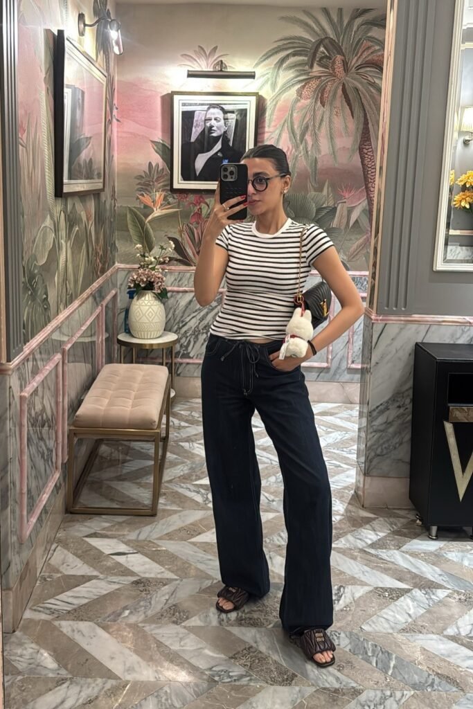 Black and White Striped Short-Sleeve Tee + Dark Wash Wide-Leg Jeans + Brown Quilted Slides