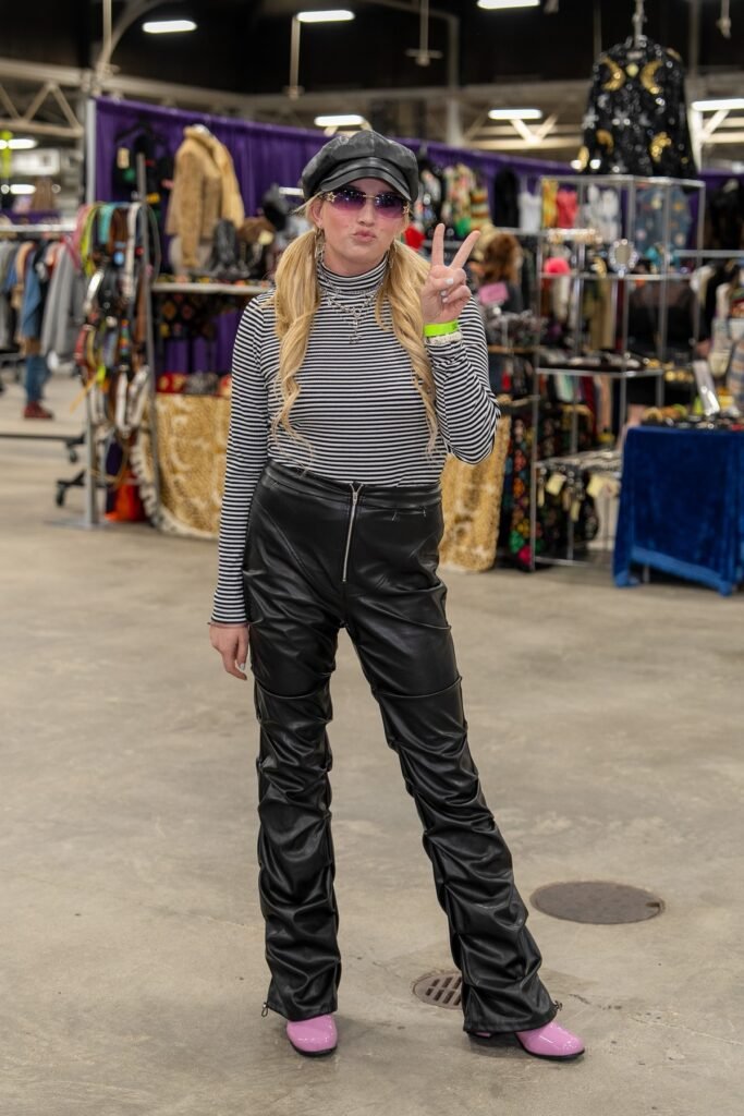Black and White Striped Turtleneck + Black Faux-Leather Ruched Pants + Pink Square-Toe Boots