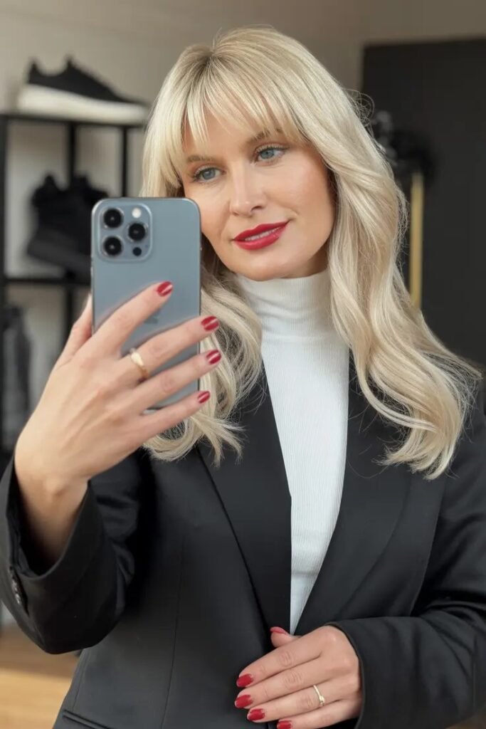 Blonde Mid-Length Waves with Full Straight Bangs
