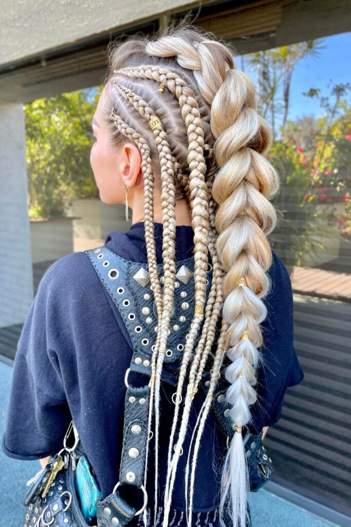 Blonde Mohawk Braid with Side Cornrows and Gold Accessories