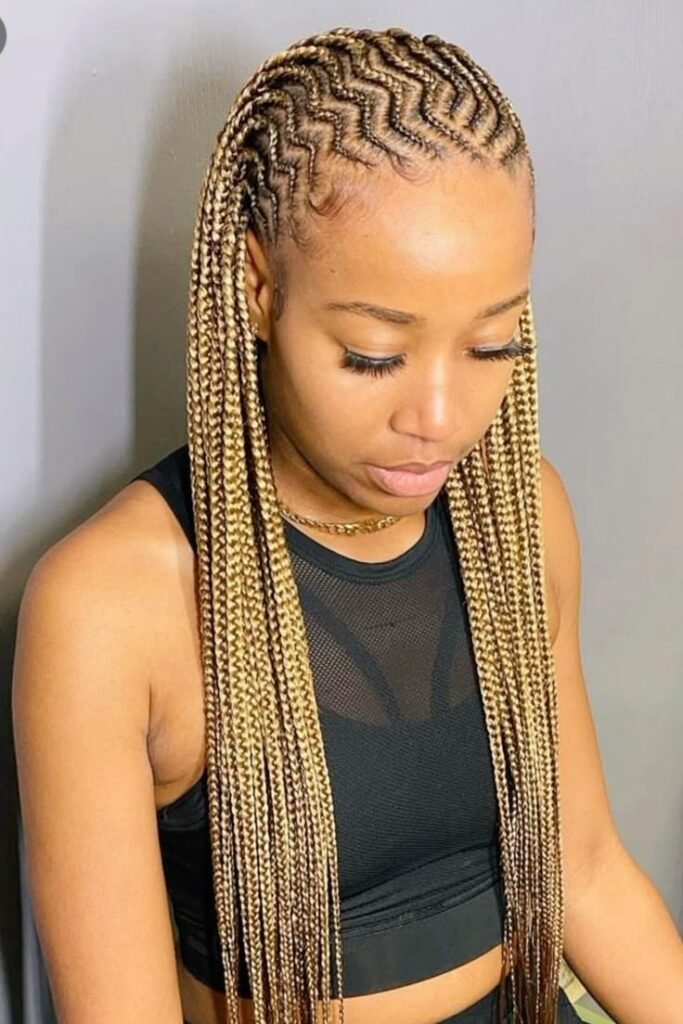 Blonde Ombre Zig-Zag Braids with Micro-Stitched Parting