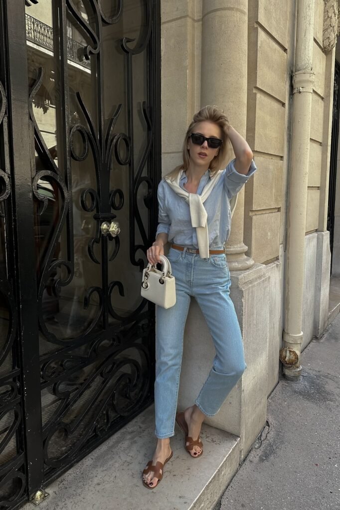 Blue Button-Down with Cream Sweater + Slim Light Wash Jeans + Brown Cut-out Sandals