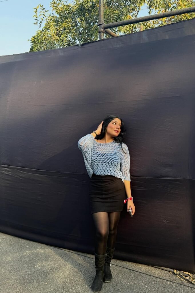 Blue Crochet Knit Sweater + Black Mini Skirt + Black Sheer Tights + Black Mid-Calf Boots