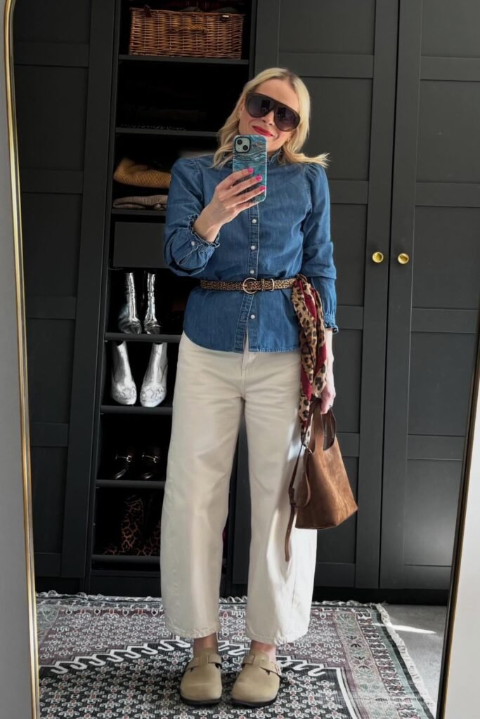 Blue Denim Ruffle-Sleeve Shirt + White Wide-Leg Trousers + Beige Clogs + Leopard Print Belt
