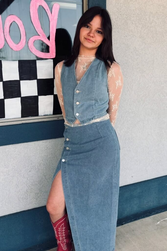 Blue Denim Vest + Matching Denim Maxi Skirt + Cream Lace Long Sleeve Top + Red Embroidered Cowboy Boots