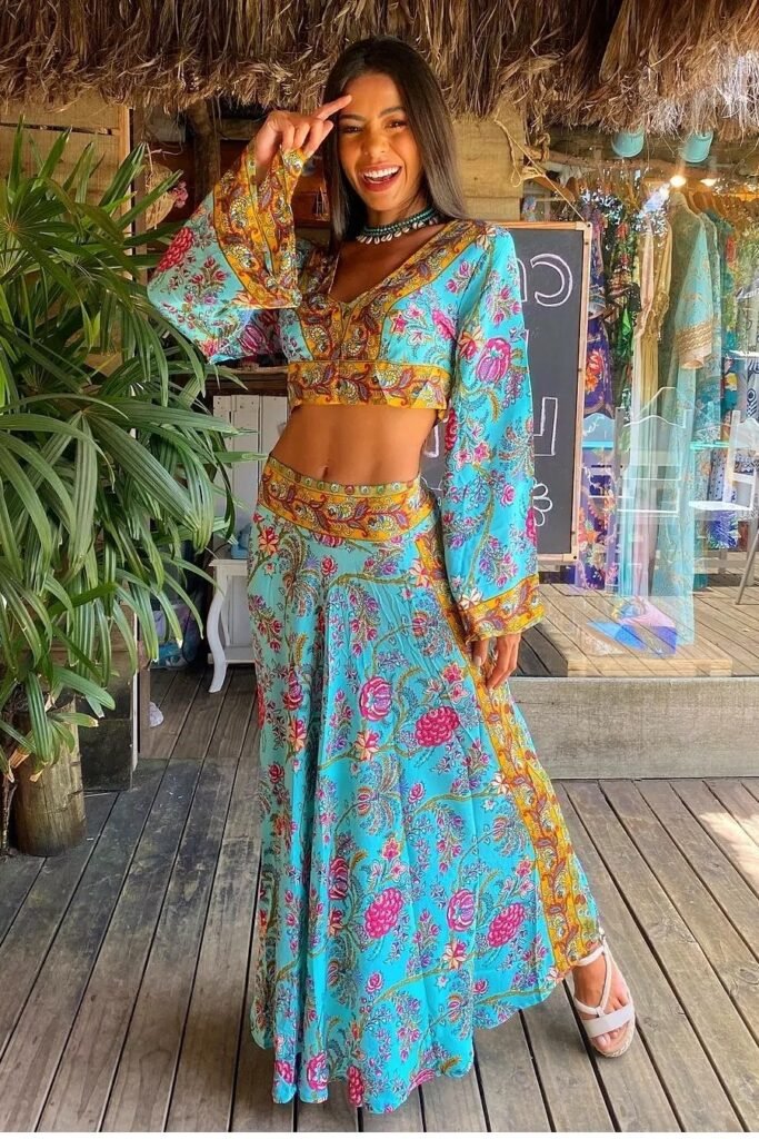 Blue Floral Bell-Sleeve Crop Top + Matching Maxi Skirt + White Strappy Sandals