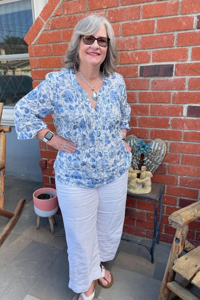 Blue Floral Print Blouse + White Linen Wide-Leg Pants + White Strappy Sandals