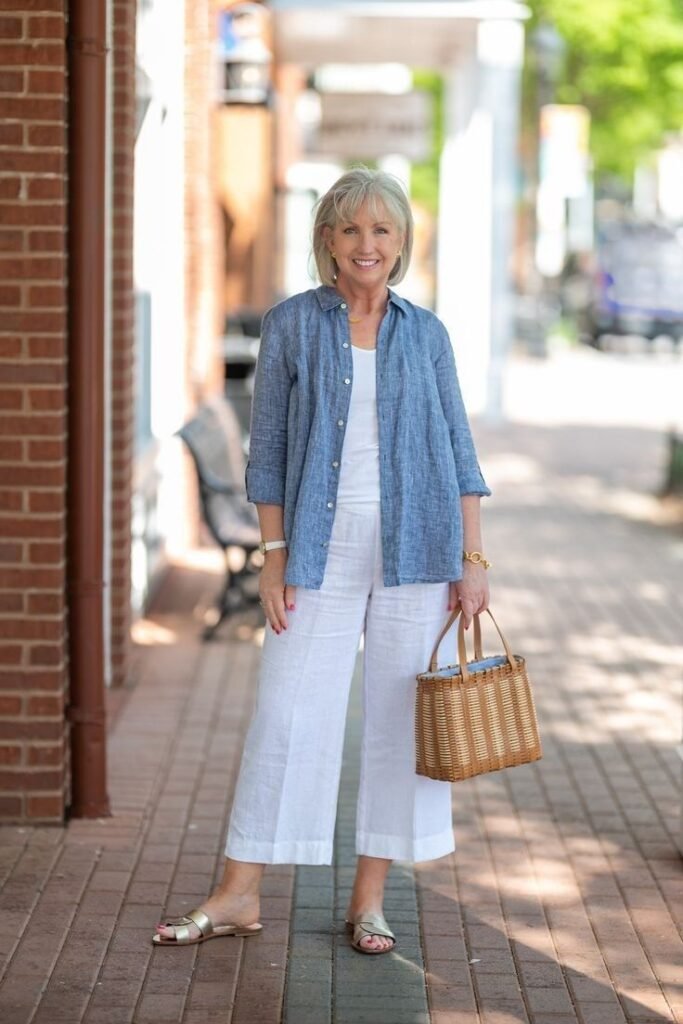 Blue Linen Shirt over White Tank + White Wide-Leg Linen Pants + Gold Slide Sandals