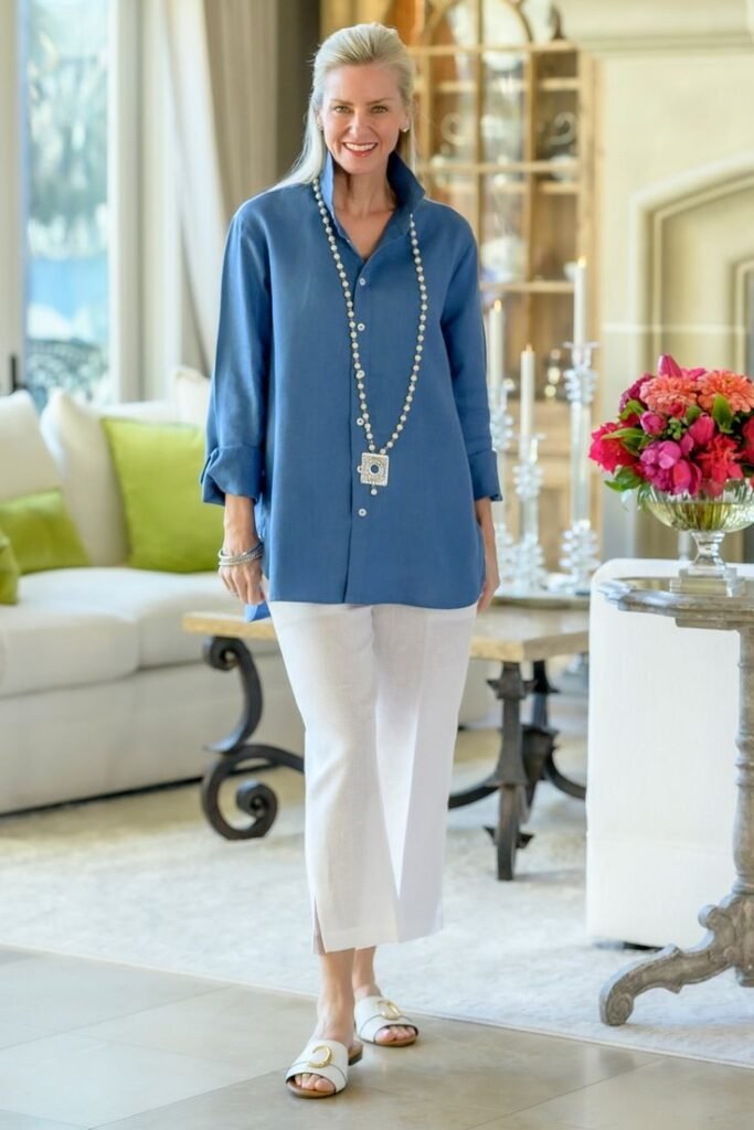 Blue Oversized Tunic Shirt + White Cropped Trousers + White Buckle Slides