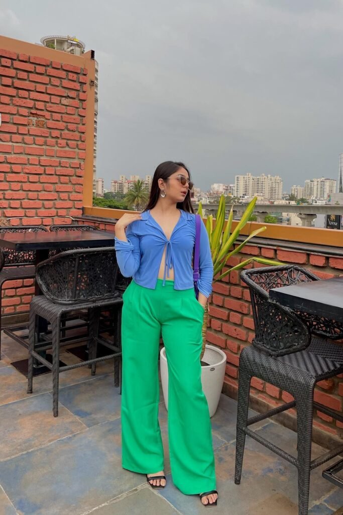 Blue Tie-Front Long Sleeve Top + Kelly Green Wide-Leg Trousers + Black Square-Toe Sandals