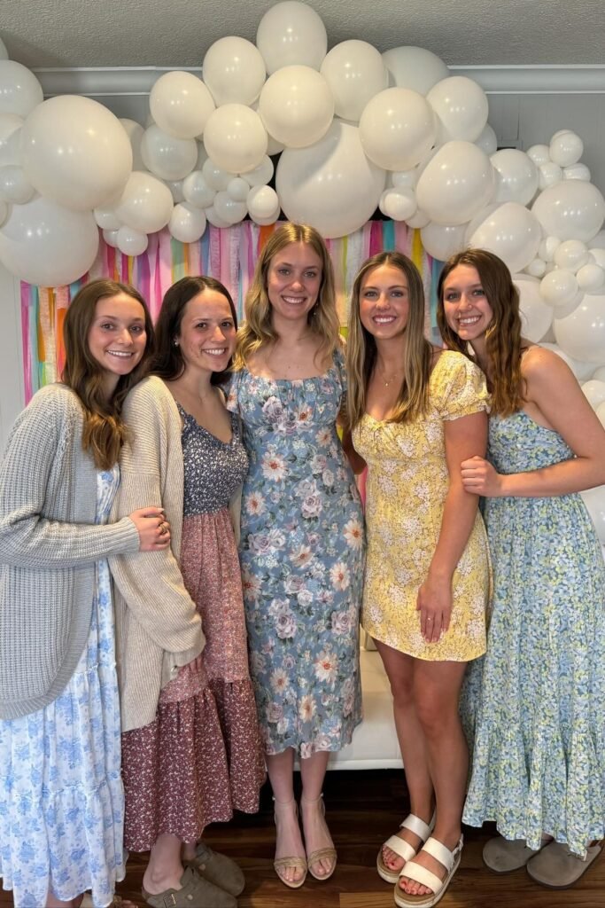 Blue and White Floral Puff-Sleeve Midi Dress + Tan Braided Sandals