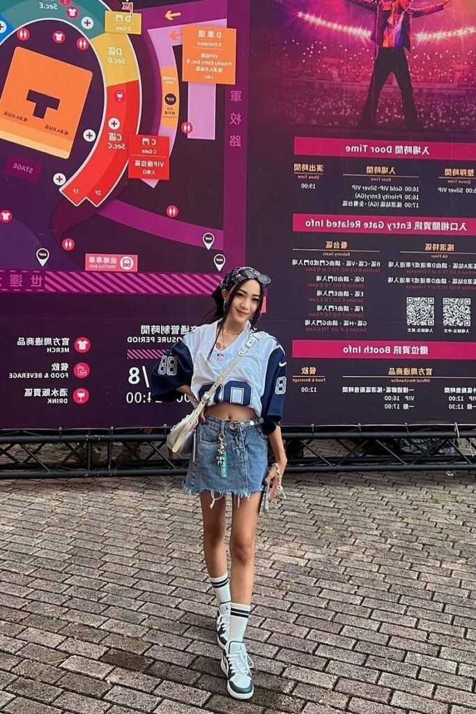 Blue and White Jersey + Denim Mini Skirt + White High-top Sneakers