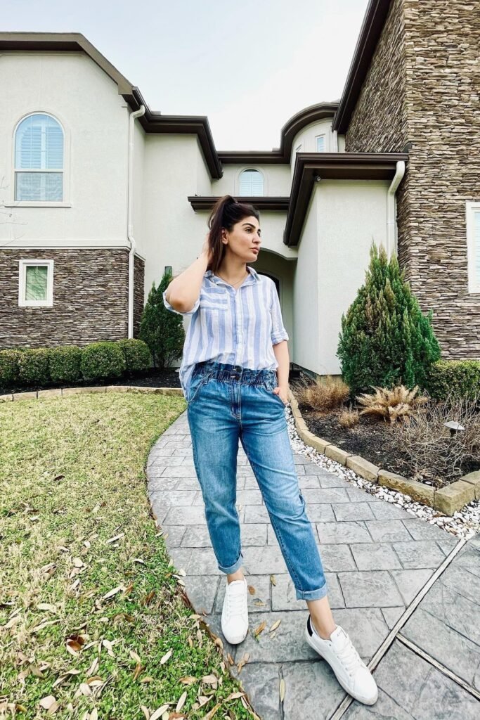 Blue and White Striped Button-Down + Paperbag Waist Jeans + White Sneakers