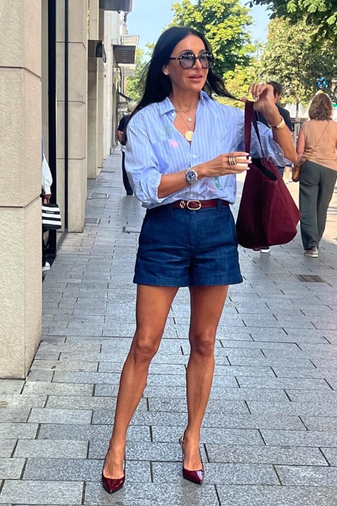 Blue and White Striped Button-Down Shirt + Dark Wash Denim Tailored Shorts + Burgundy Pointed-Toe Heels