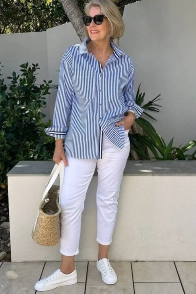 Blue and White Striped Button-Down + White Cropped Jeans + White Sneakers