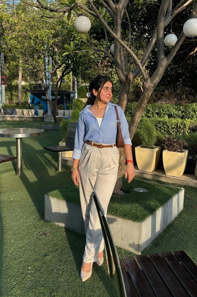 Blue and White Striped Shirt + Beige Pleated Trousers + Beige Pointed Heels
