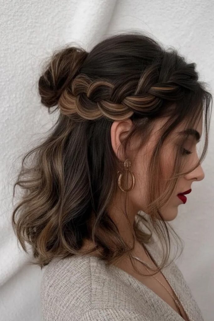Boho Half-Up Braided Crown on Textured Brunette Lob