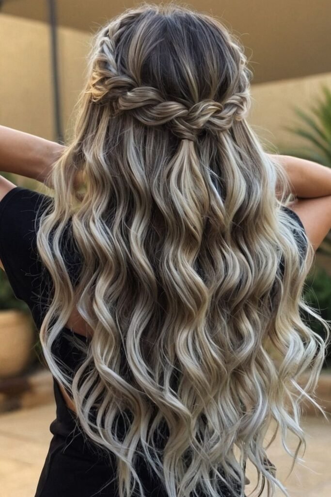 Boho Half-Up Double Braid with Long Silver Waves