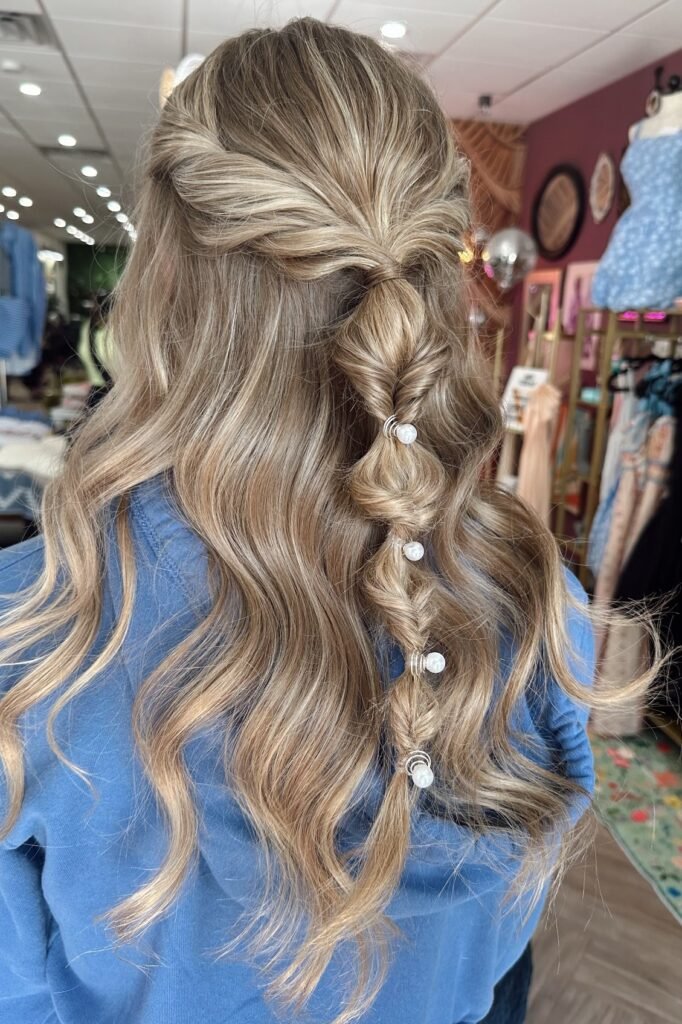 Boho Half-Up Fishtail Braid with Pearl Accents and Beachy Waves
