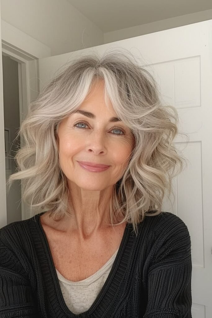 Bouncy Collarbone-Length Curls with Curtain Bangs