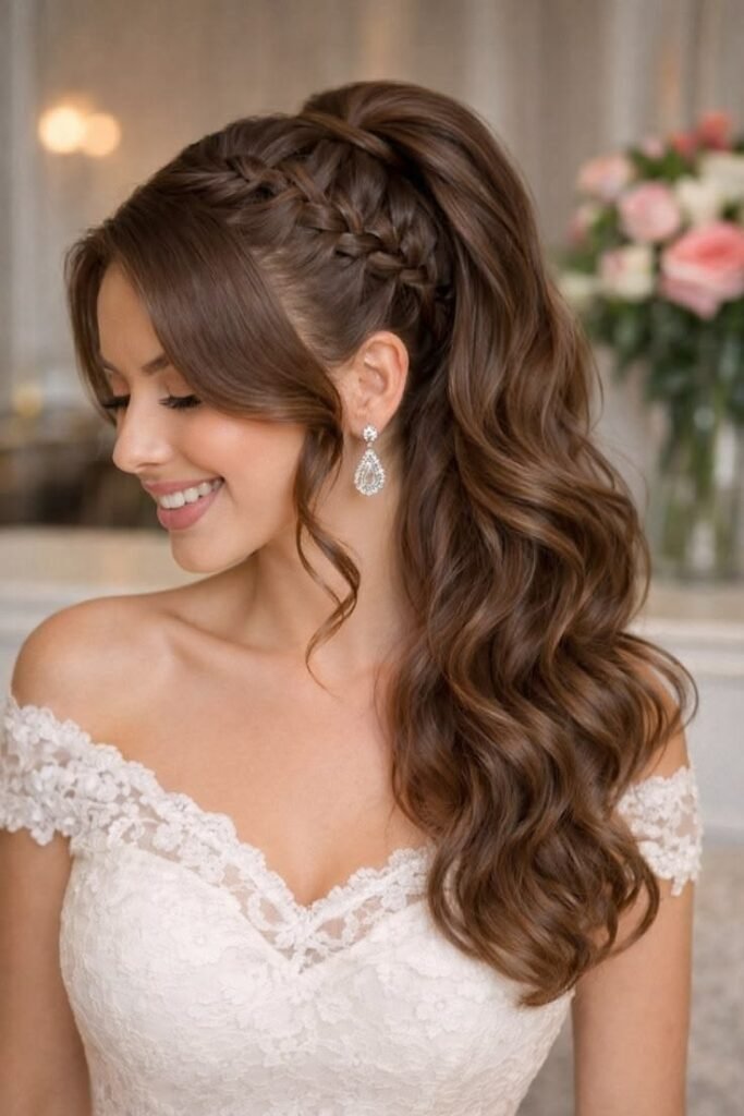 Braided Crown High Ponytail with Voluminous Curls