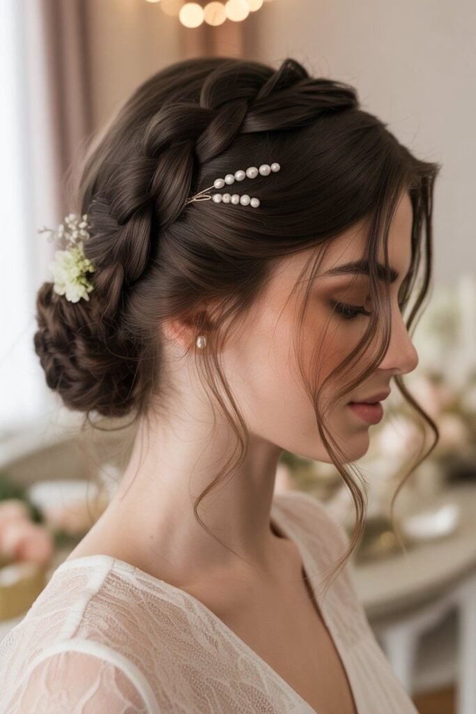 Braided Crown Updo with Pearl Accents and Tendrils