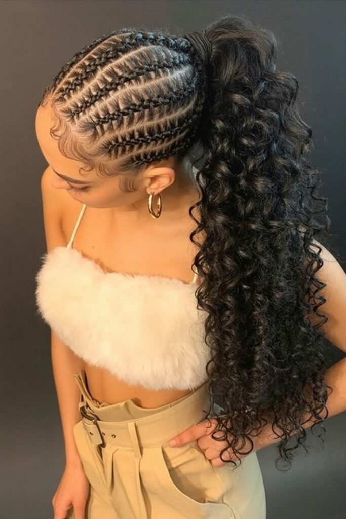 Braided Crown with Voluminous Curly Ponytail