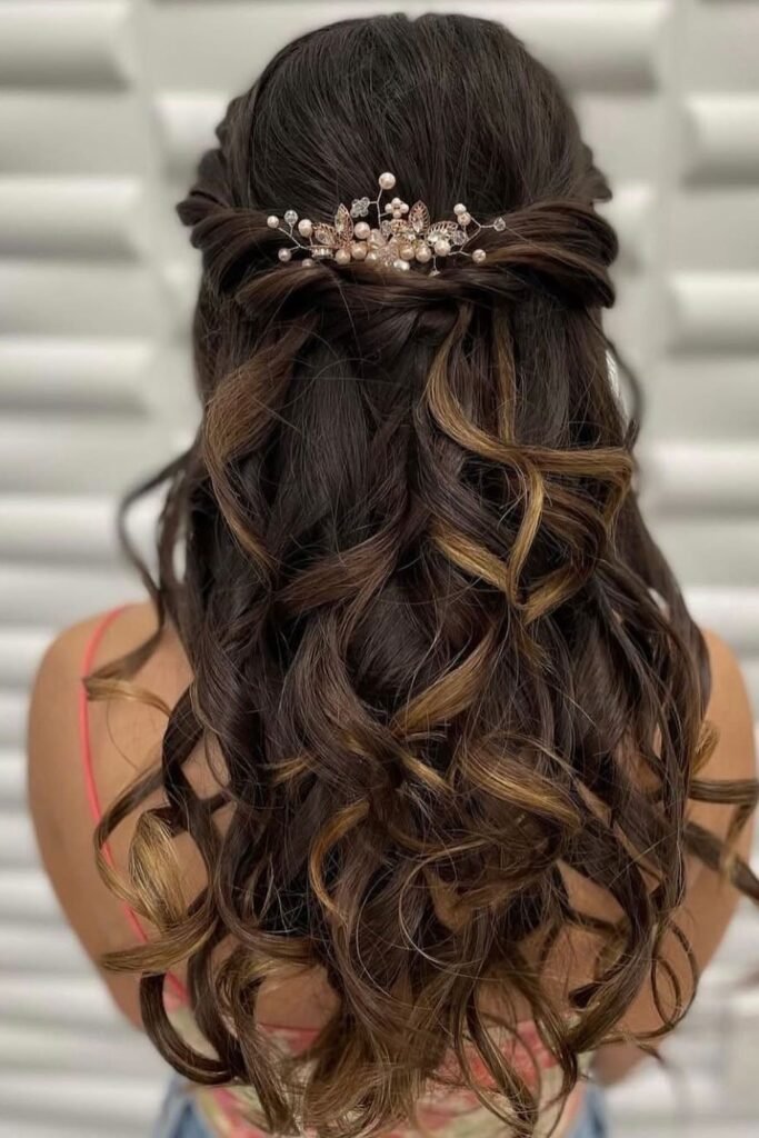 Braided Half-Up Style with High-Contrast Highlights and Vine Hairpiece