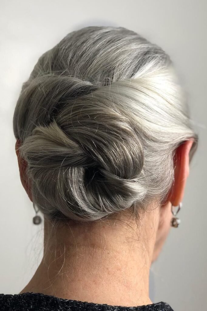Braided Low Chignon with Sleek Gray Texture