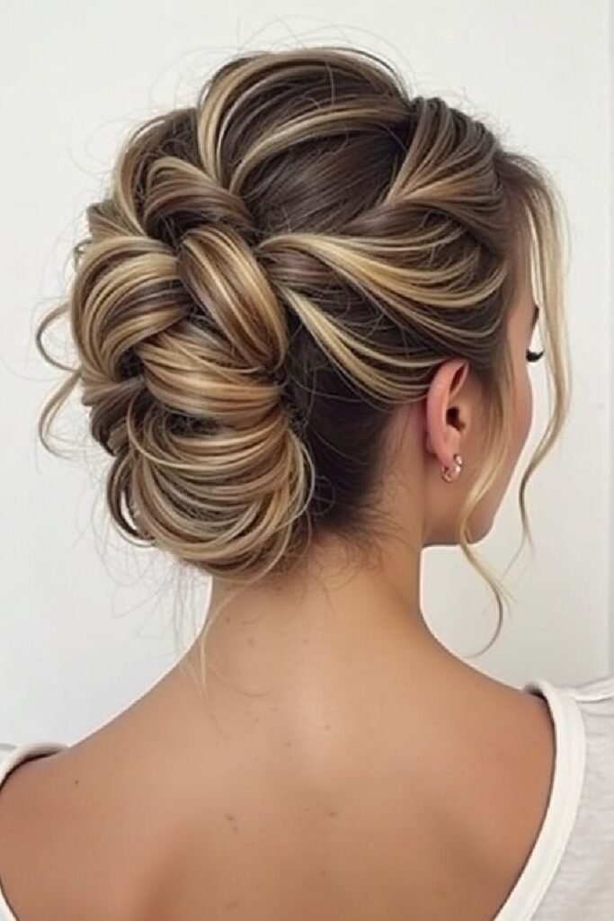 Braided Twisted Updo with High Contrast Highlights