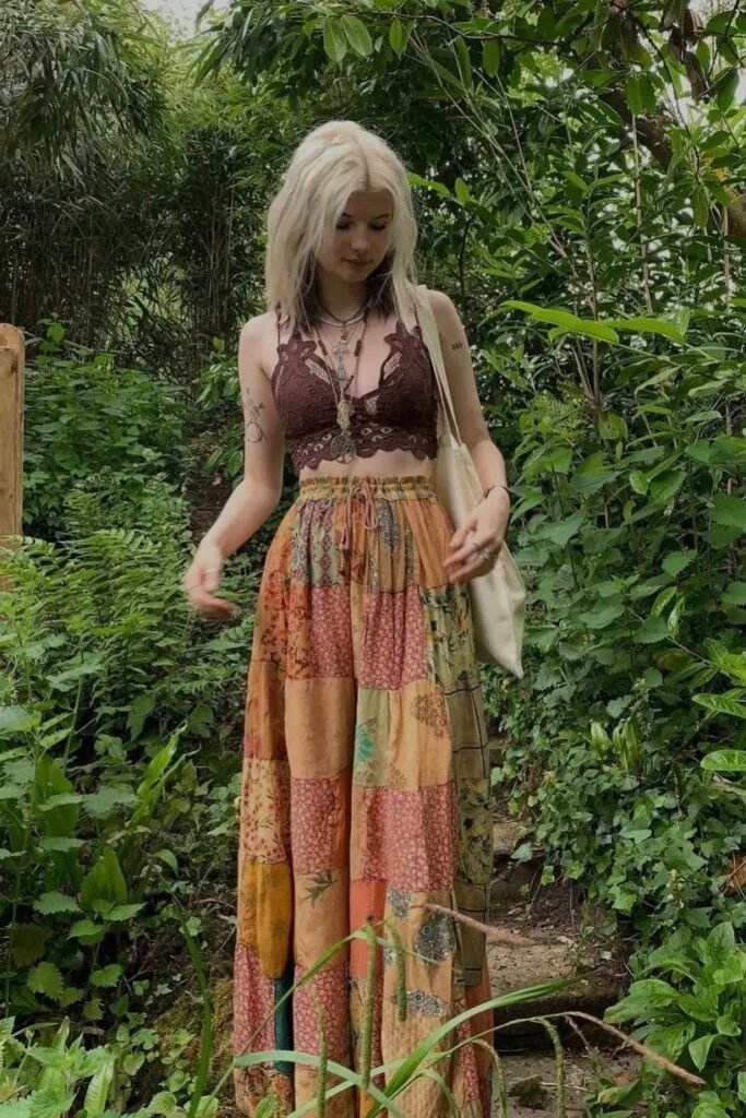 Brown Lace Bralette + Earth-Tone Patchwork Maxi Skirt + White Canvas Tote Bag