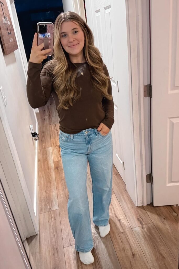 Brown Long-Sleeve Crew Neck Top + Light Wash Wide-Leg Jeans + White Socks