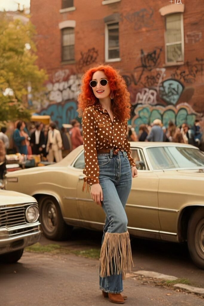 Brown Polka Dot Button-Down Shirt + Blue Fringed Flare Jeans + Brown Suede Boots