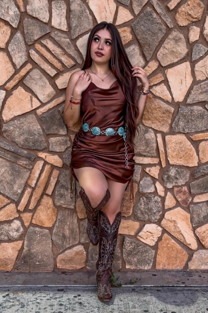 Brown Satin Mini Dress + Turquoise Concho Belt + Embroidered Brown Tall Boots