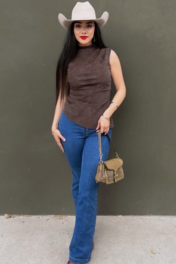 Brown Sleeveless Draped Top + Blue Flare Jeans + Cream Cowboy Hat